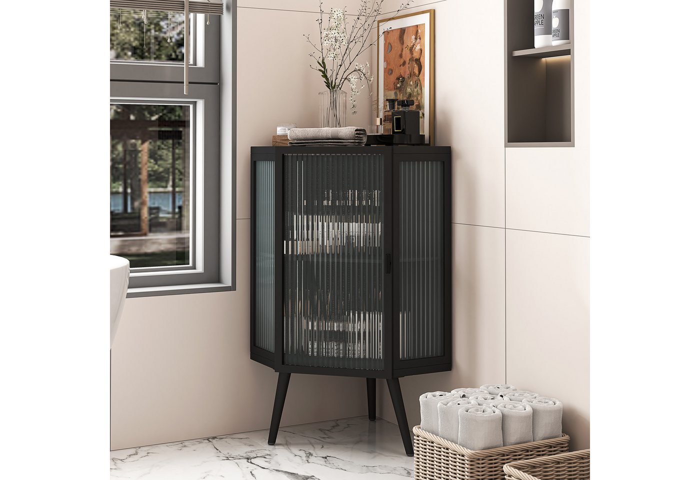 Celya Eckregal Eck-Unterschrank mit Tür aus gehärtetem Glas und verstellbarem Regal, für Badezimmer, Wohnzimmer, Schlafzimmer,Schwarz Bild 3