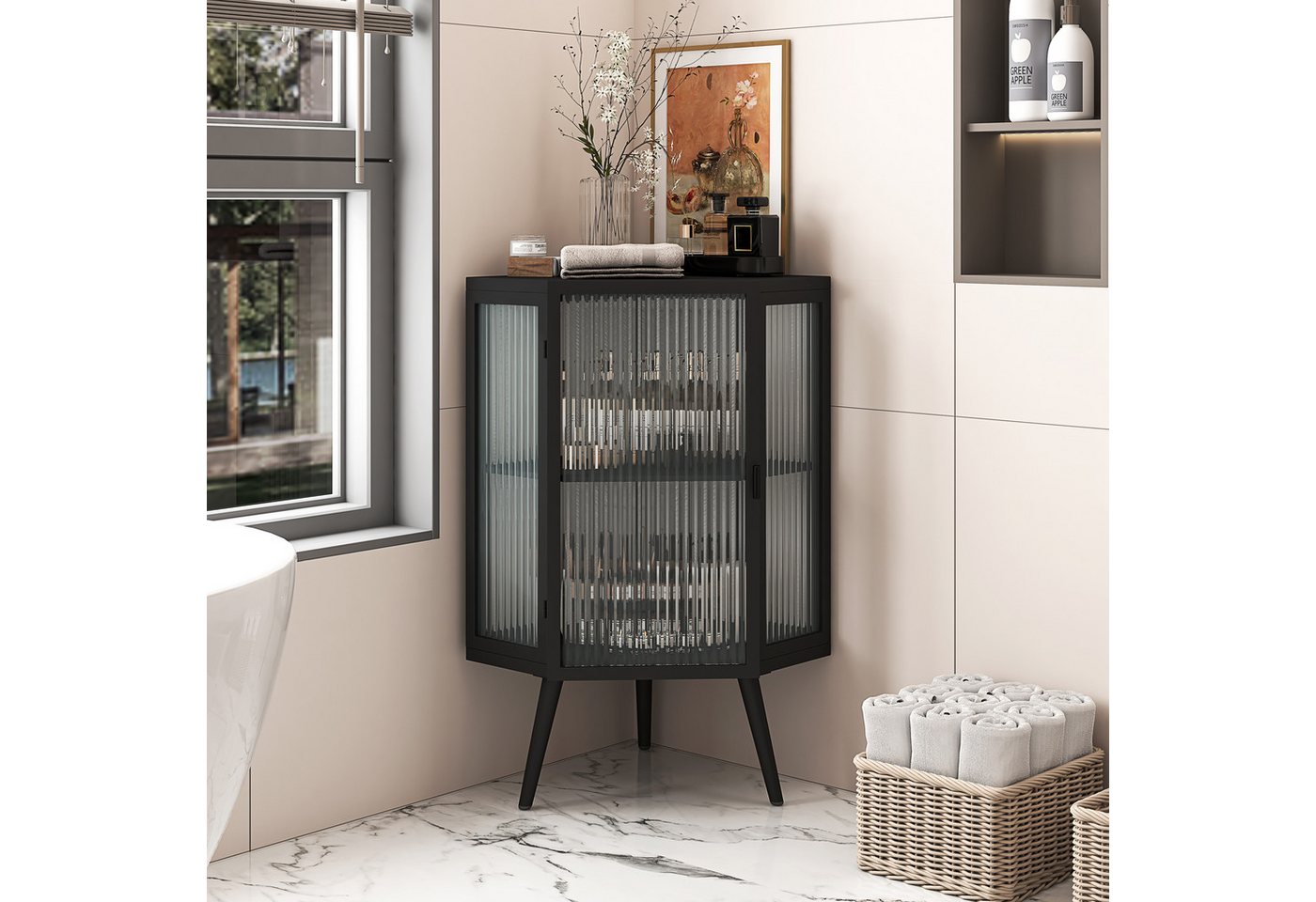 Celya Eckregal Eck-Unterschrank mit Tür aus gehärtetem Glas und verstellbarem Regal, für Badezimmer, Wohnzimmer, Schlafzimmer,Schwarz Bild 4