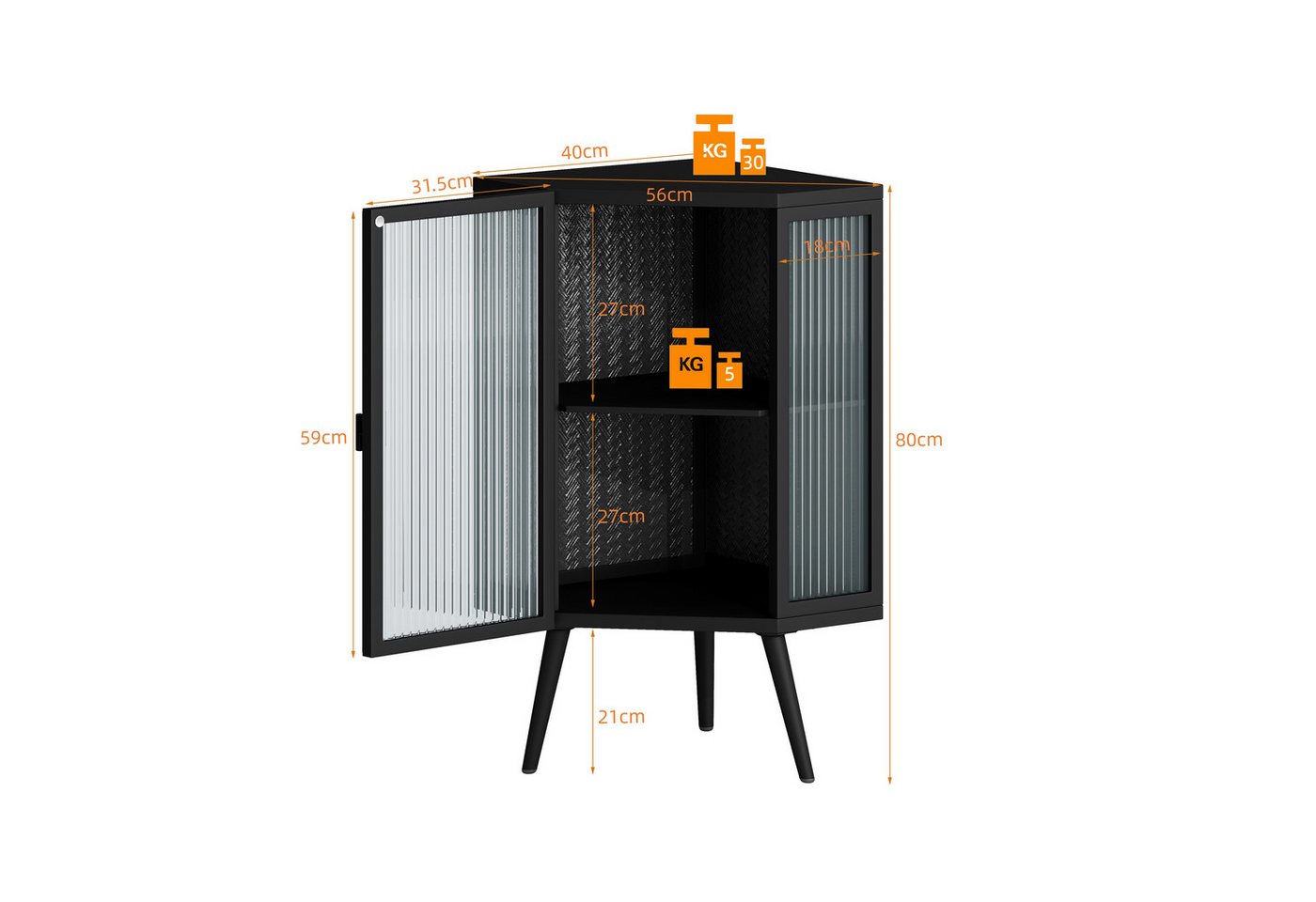 Celya Eckregal Eck-Unterschrank mit Tür aus gehärtetem Glas und verstellbarem Regal, für Badezimmer, Wohnzimmer, Schlafzimmer,Schwarz Bild 5