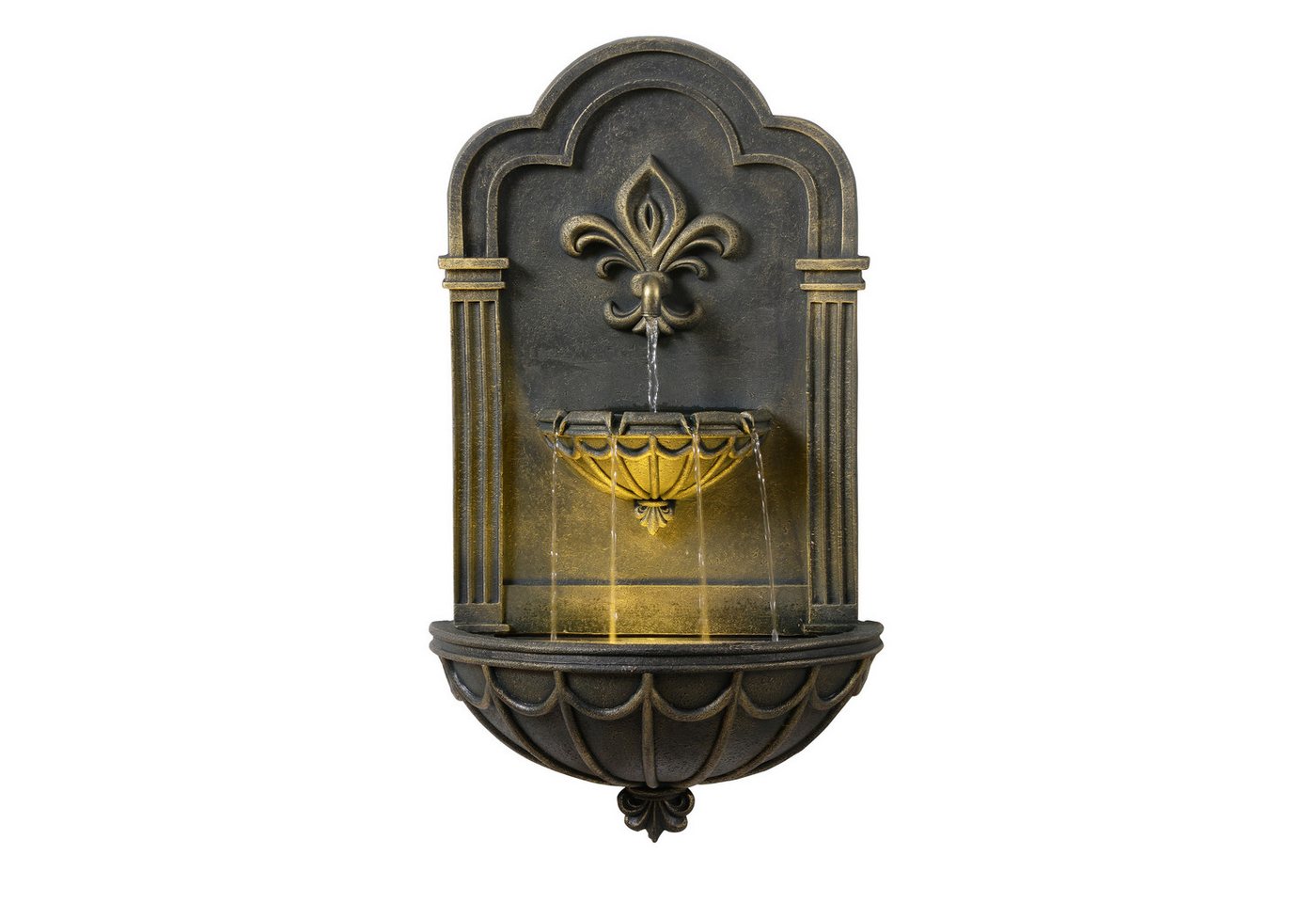 Teamson Home Gartenbrunnen Fleur-de-Lis Wandbrunnen Outdoor mit LED, Schwarz/Gold