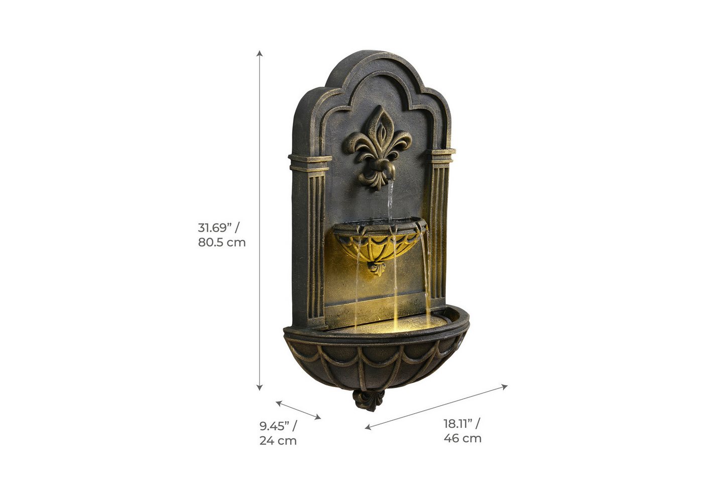 Teamson Home Gartenbrunnen Fleur-de-Lis Wandbrunnen Outdoor mit LED, Schwarz/Gold Bild 3