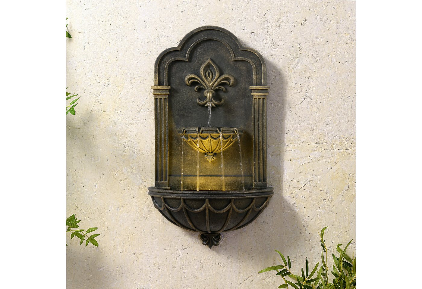Teamson Home Gartenbrunnen Fleur-de-Lis Wandbrunnen Outdoor mit LED, Schwarz/Gold Bild 4