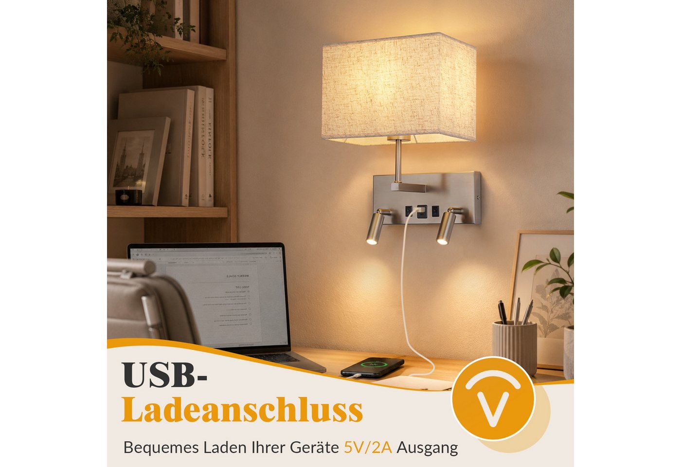 Nettlife Wandleuchte innen Schalter Moderne Wandlampe E27 Stoffschirm, ohne Leuchtmittel, USB-A&USB-C Ladefunktion zwei 360° schwenkbare LED-Lesearme