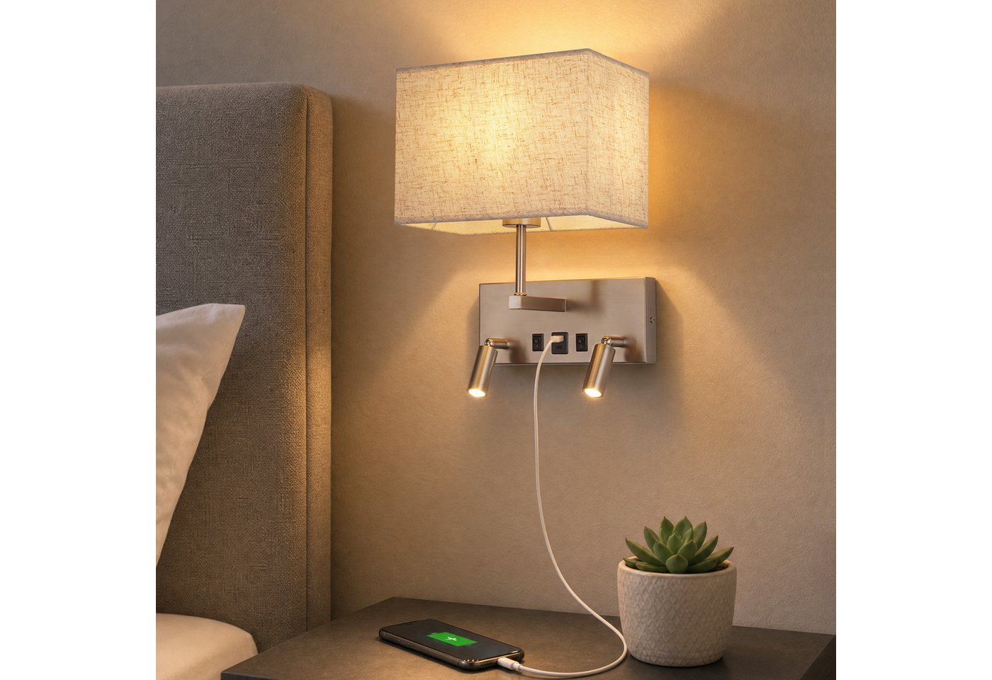 Nettlife Wandleuchte innen Schalter Moderne Wandlampe E27 Stoffschirm, ohne Leuchtmittel, USB-A&USB-C Ladefunktion zwei 360° schwenkbare LED-Lesearme Bild 2