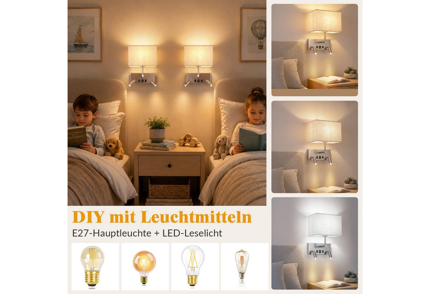 Nettlife Wandleuchte innen Schalter Moderne Wandlampe E27 Stoffschirm, ohne Leuchtmittel, USB-A&USB-C Ladefunktion zwei 360° schwenkbare LED-Lesearme Bild 3