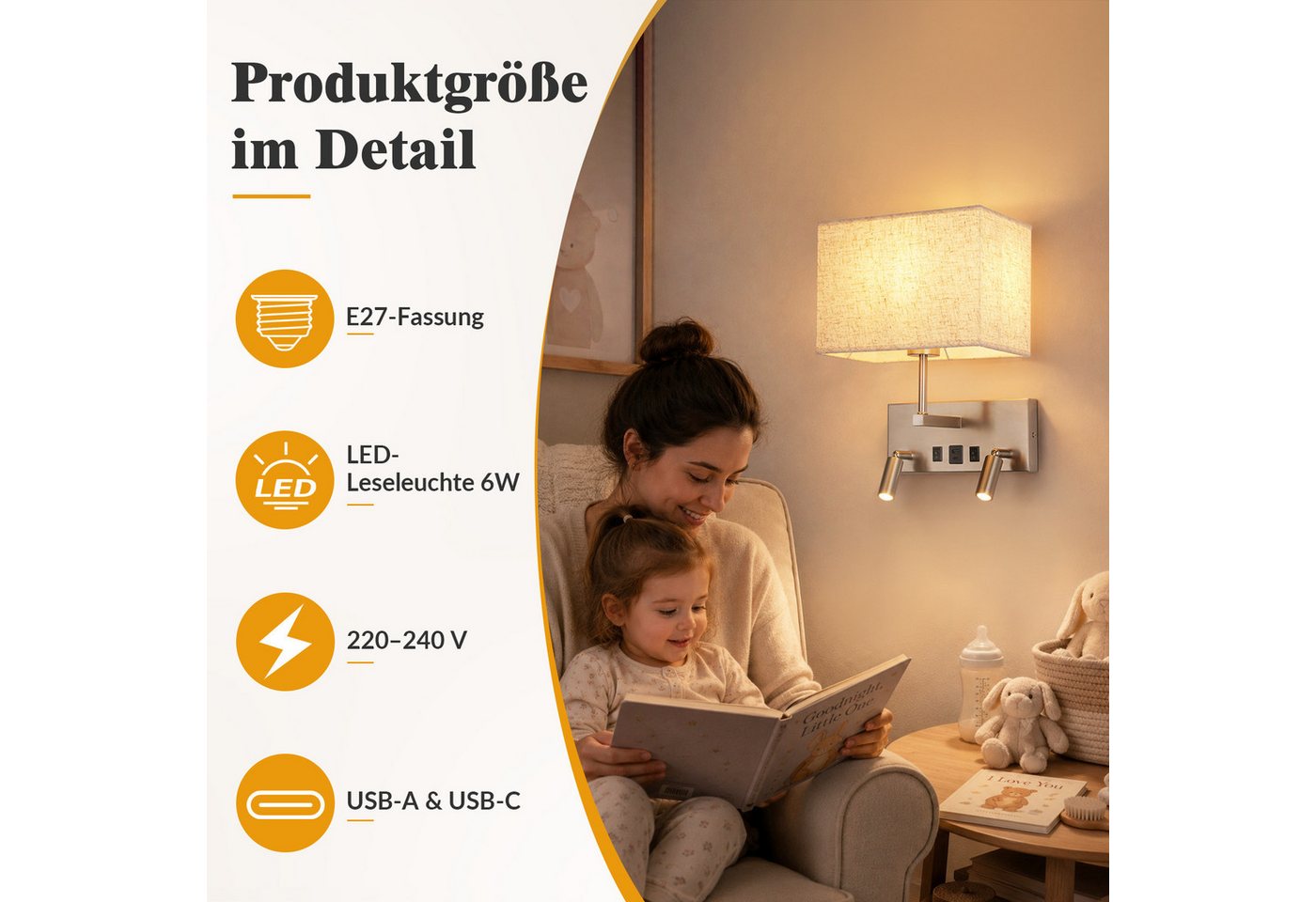 Nettlife Wandleuchte innen Schalter Moderne Wandlampe E27 Stoffschirm, ohne Leuchtmittel, USB-A&USB-C Ladefunktion zwei 360° schwenkbare LED-Lesearme Bild 5