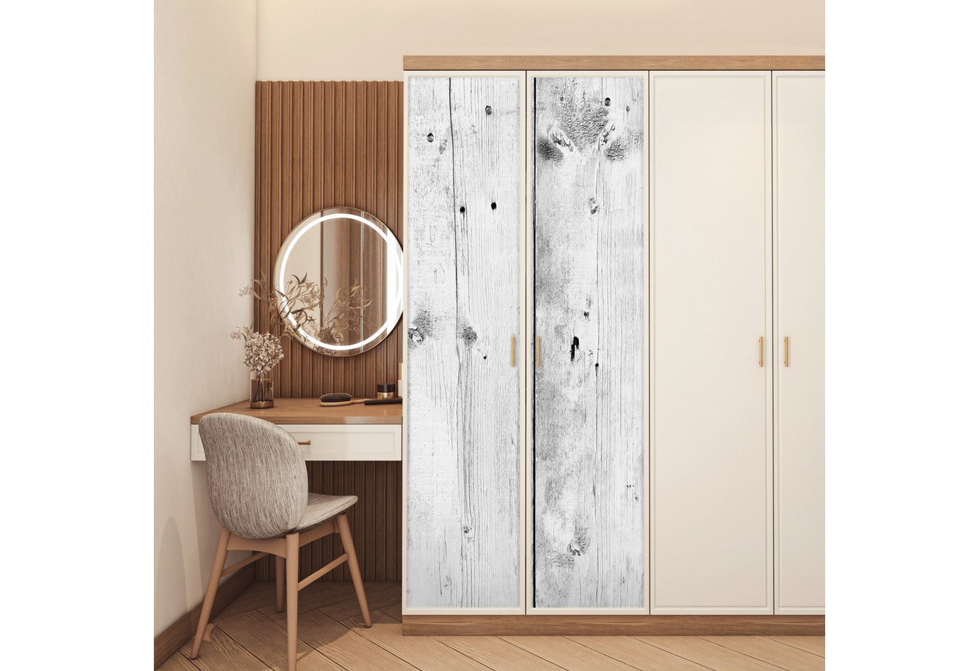 MuchoWow Türtapete Vintage - Holz - Grau - Weiß, Matt, bedruckt, (1 St), Selbstklebende Tapete, Folie für Möbel, 75x205 cm