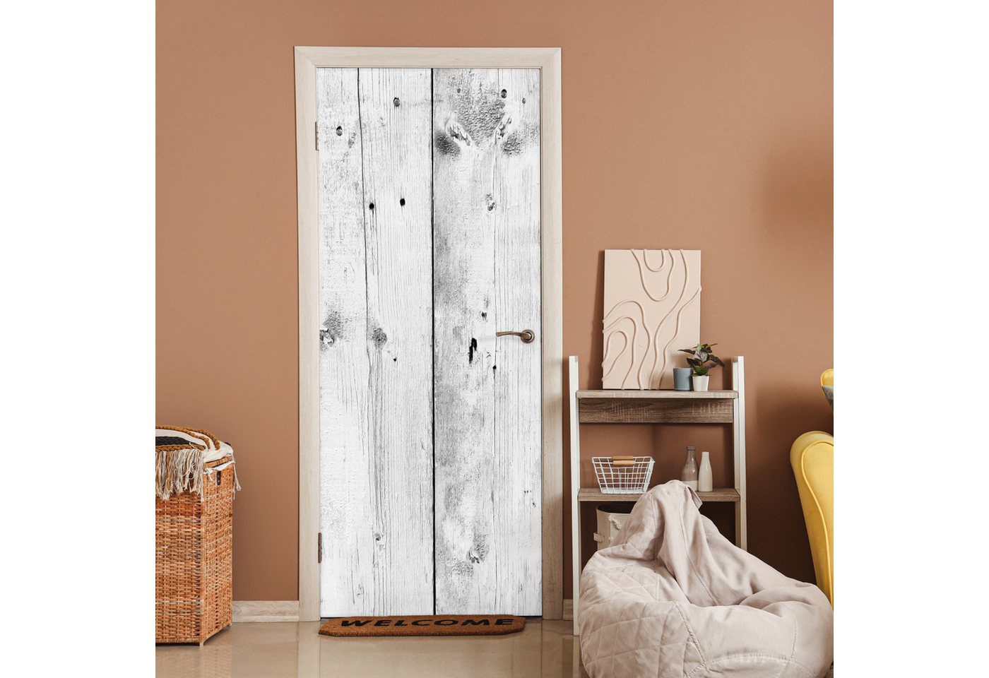 MuchoWow Türtapete Vintage - Holz - Grau - Weiß, Matt, bedruckt, (1 St), Selbstklebende Tapete, Folie für Möbel, 75x205 cm Bild 2