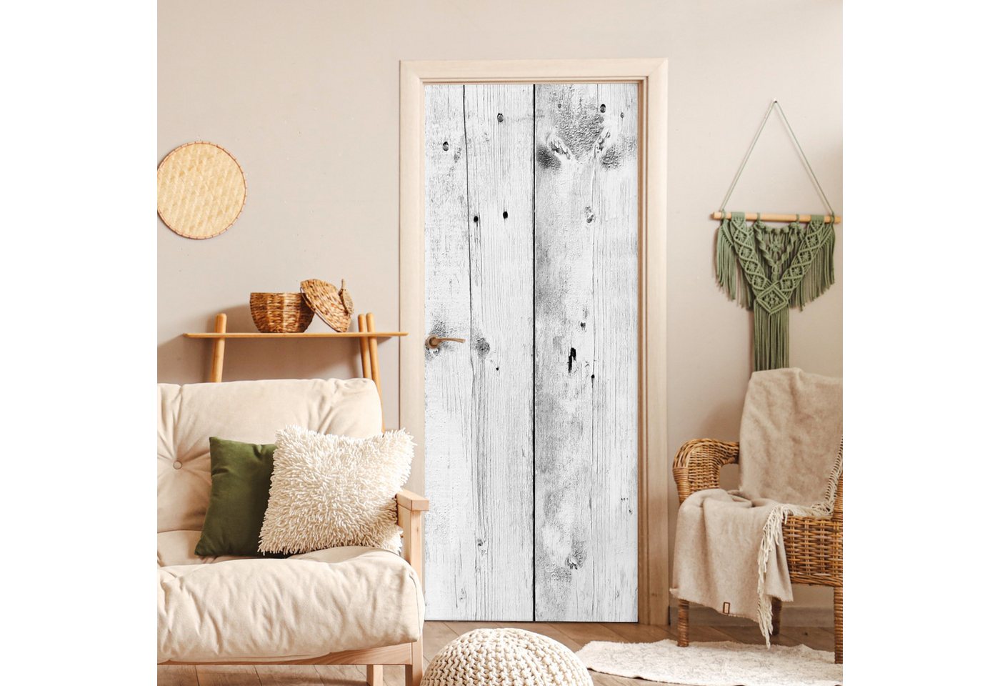 MuchoWow Türtapete Vintage - Holz - Grau - Weiß, Matt, bedruckt, (1 St), Selbstklebende Tapete, Folie für Möbel, 75x205 cm Bild 4