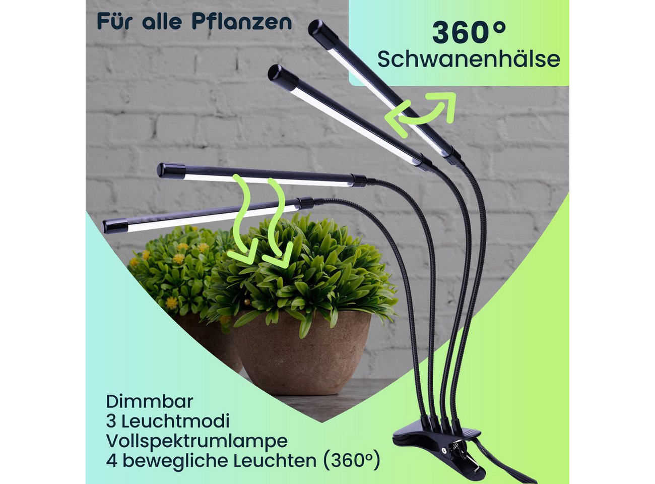 Casativo Pflanzenlampe 4-Armig LED Pflanzenlampe 14W Vollspektrum Wachstumslampe Growlight, LED fest integriert (Vollspektrum-LEDs), Timer & Dimmer/3 Leuchtmodi/360° Schwanenhals/IP44