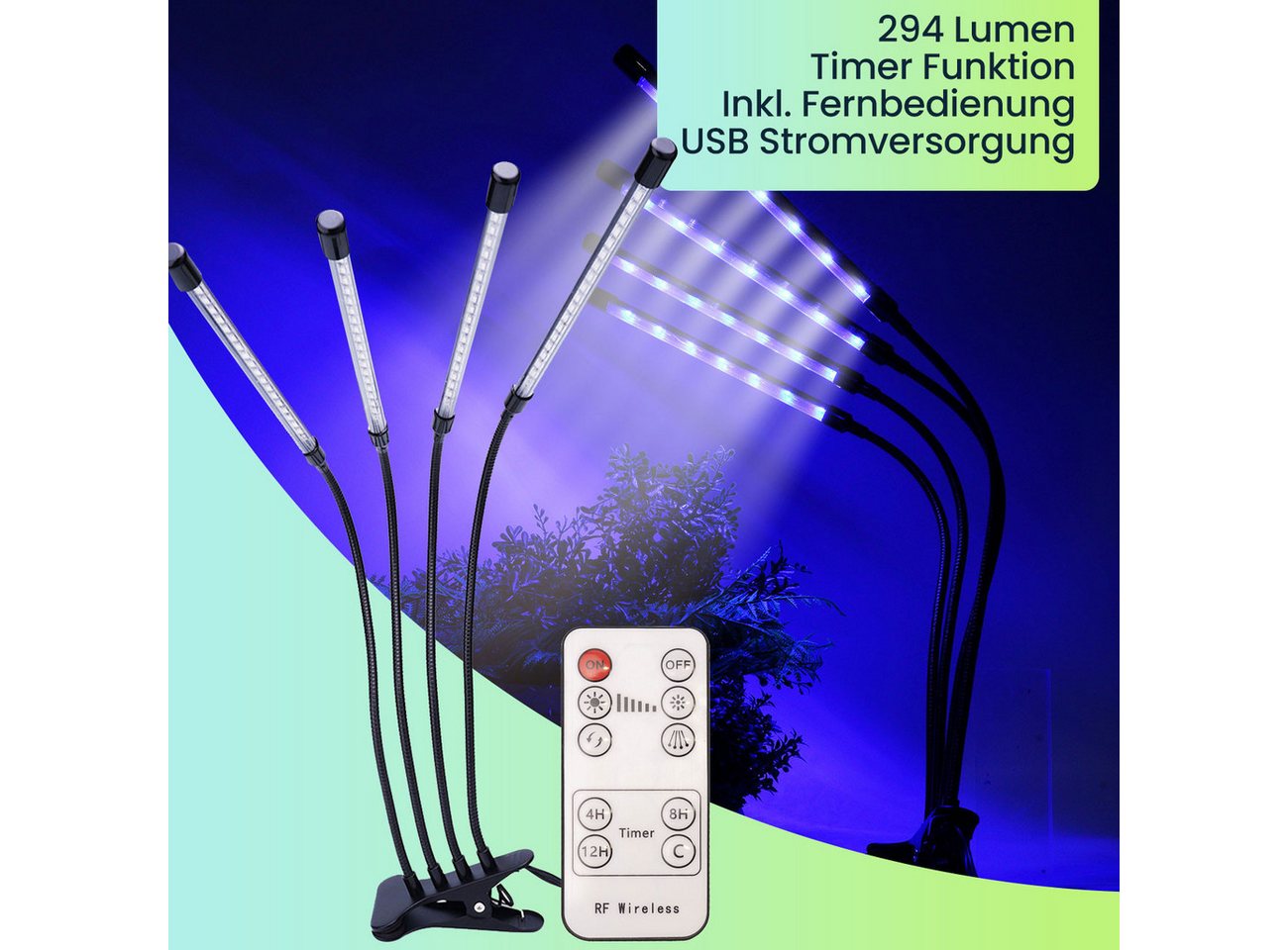 Casativo Pflanzenlampe 4-Armig LED Pflanzenlampe 14W Vollspektrum Wachstumslampe Growlight, LED fest integriert (Vollspektrum-LEDs), Timer & Dimmer/3 Leuchtmodi/360° Schwanenhals/IP44 Bild 3