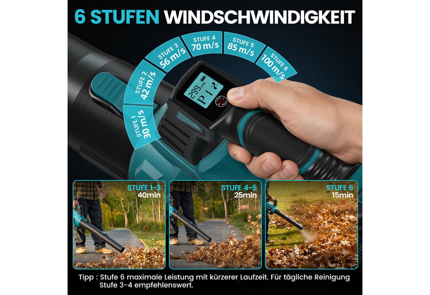 Bundviel Akku-Laubbläser Bürstenloser Motor mit 2x 4.0Ah Elektrischer Laubgebläse 360 km/h, für Laub, Rasenpflege, Schneeräumung Bild 3