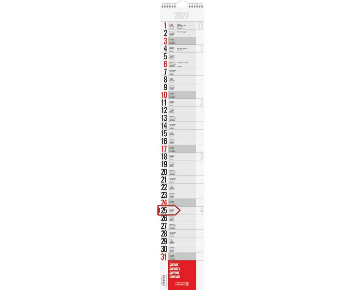 BRUNNEN Jahresplaner Streifenkalender Modell 702 13x83cm 1 Monat/Seite 2027