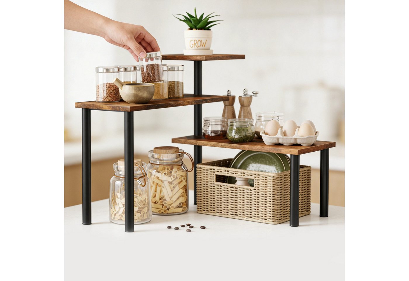 LEMLIT Eckregal Küche mit 3 Ebenen, Verstellbar Küchenregal Arbeitsplatte,Gewürzregal, 1er Set 1-tlg., Stehend Küchenorganizer Regal für Esszimmer Küchen Badezimmer