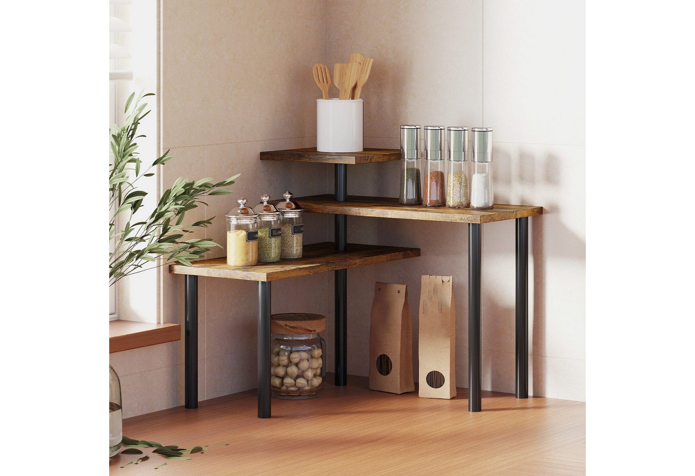 LEMLIT Eckregal Küche mit 3 Ebenen, Verstellbar Küchenregal Arbeitsplatte,Gewürzregal, 1er Set 1-tlg., Stehend Küchenorganizer Regal für Esszimmer Küchen Badezimmer Bild 2