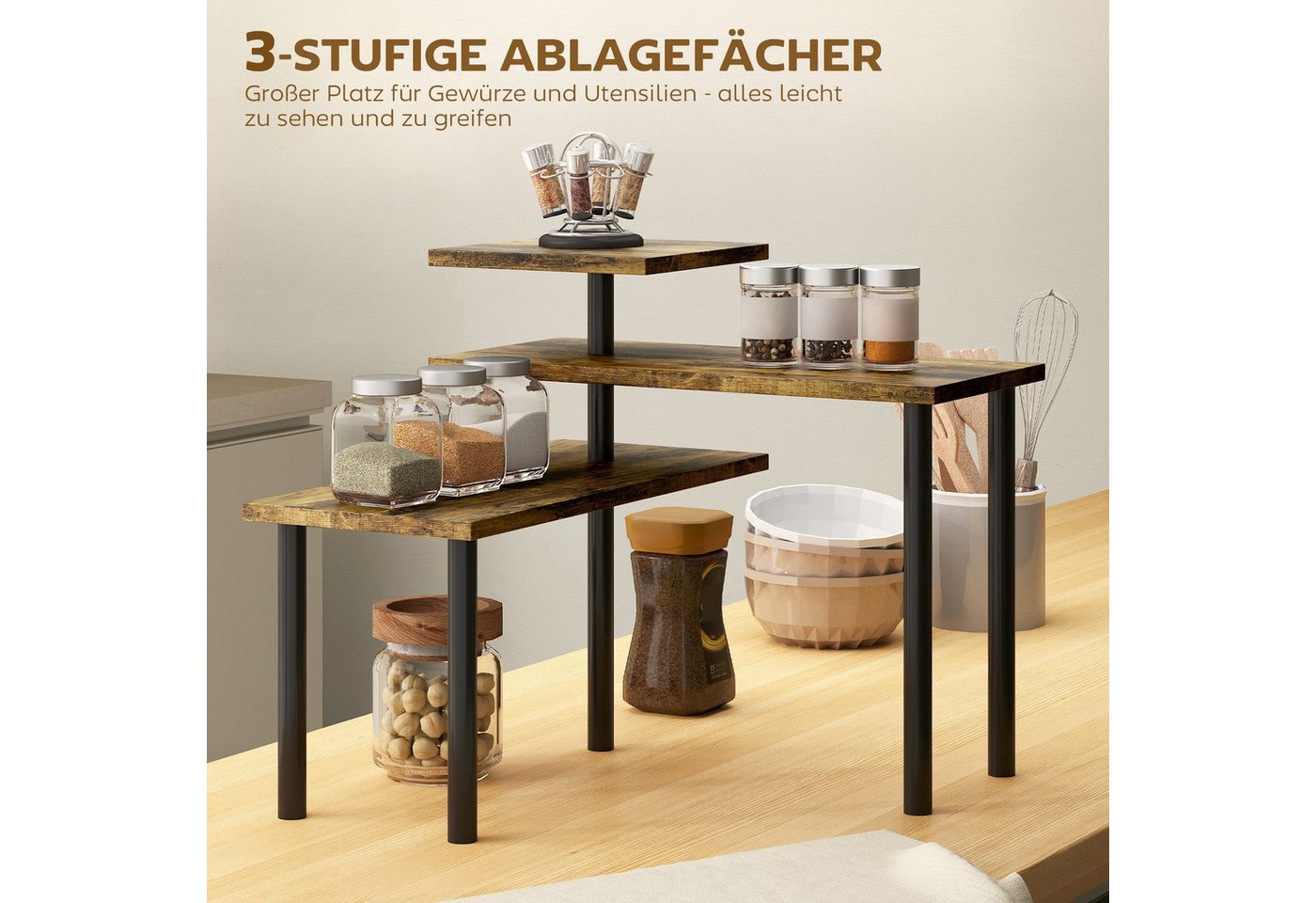 LEMLIT Eckregal Küche mit 3 Ebenen, Verstellbar Küchenregal Arbeitsplatte,Gewürzregal, 1er Set 1-tlg., Stehend Küchenorganizer Regal für Esszimmer Küchen Badezimmer Bild 4
