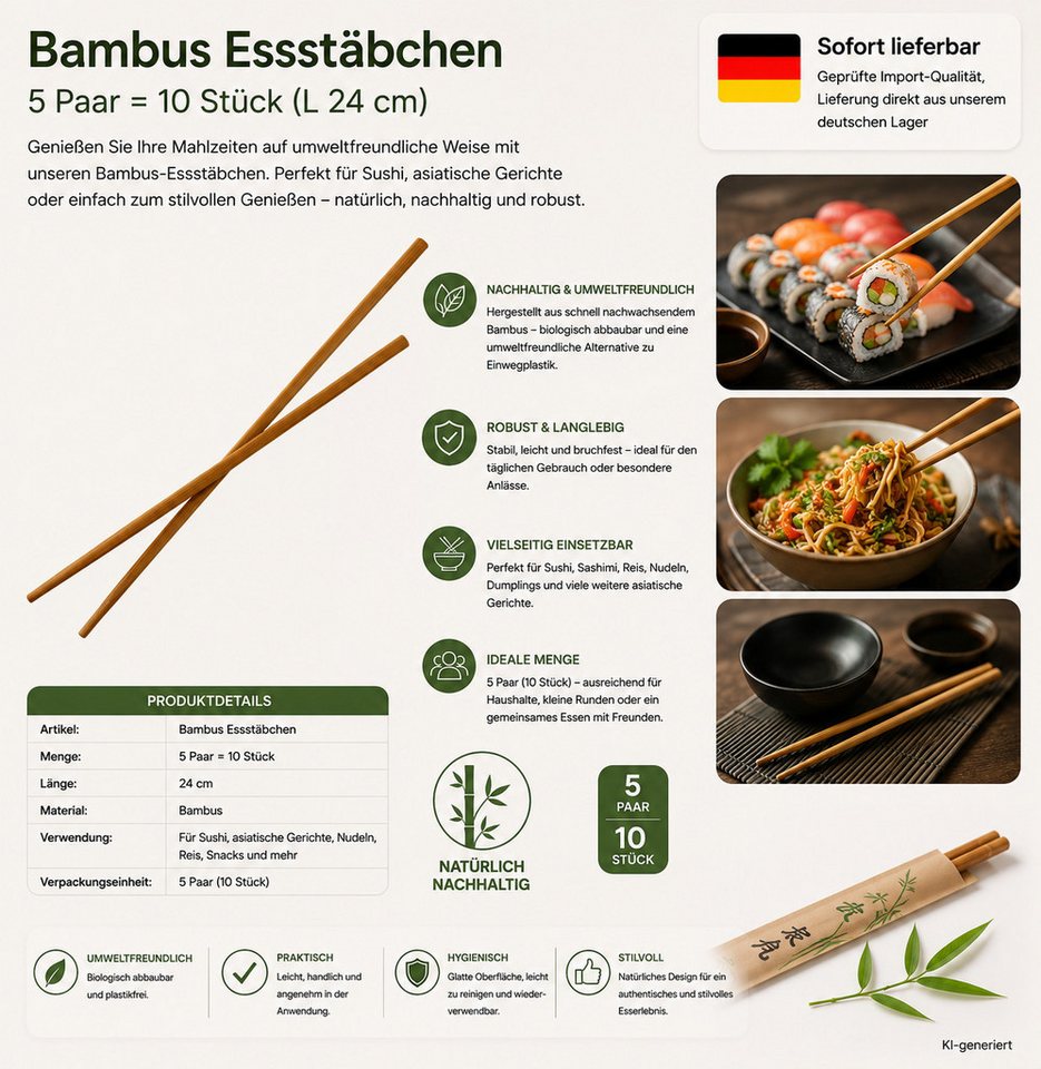 HH-Haushalt Grillbesteck-Set Bambus Essstäbchen 5 Paar = 10 Stück (L 24 cm)