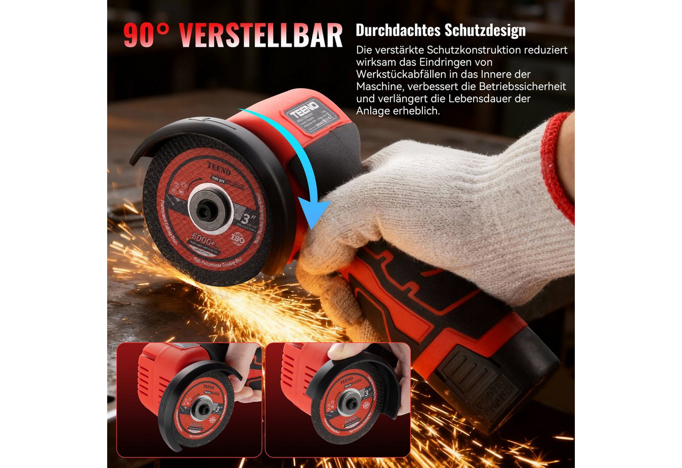 TEENO Akku-Winkelschleifer 19500 U/min – kabellose Schleifmaschine, 76 mm, max. 19500 U/min, (Komplettset mit 2 Akkus 2000 mAh und 6 Scheiben), zum Schleifen, Polieren, Schneiden von Profis