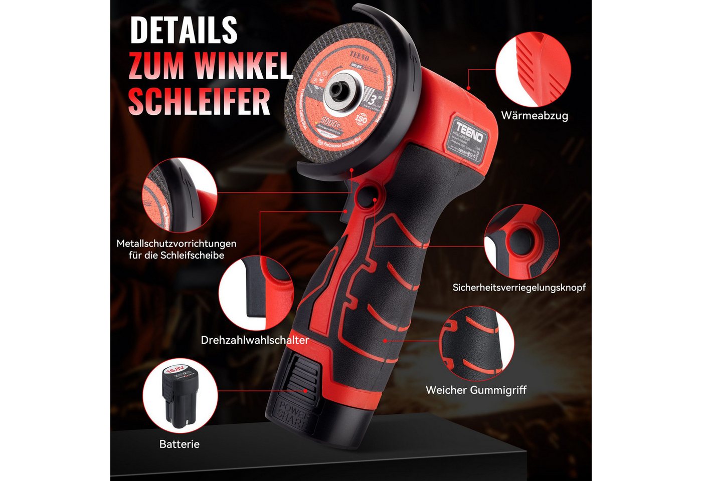 TEENO Akku-Winkelschleifer 19500 U/min – kabellose Schleifmaschine, 76 mm, max. 19500 U/min, (Komplettset mit 2 Akkus 2000 mAh und 6 Scheiben), zum Schleifen, Polieren, Schneiden von Profis Bild 3