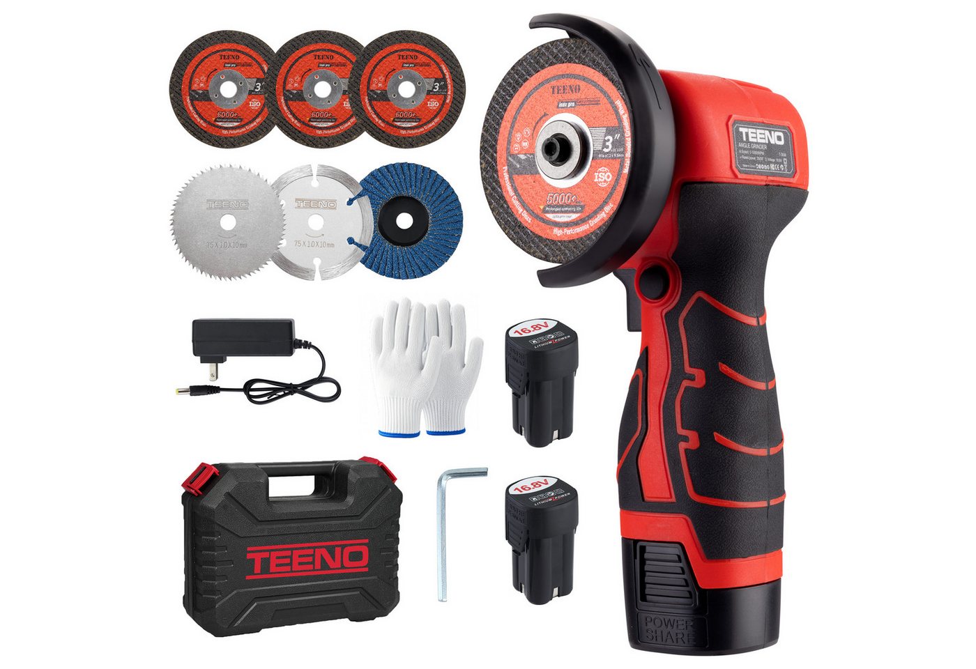 TEENO Akku-Winkelschleifer 19500 U/min – kabellose Schleifmaschine, 76 mm, max. 19500 U/min, (Komplettset mit 2 Akkus 2000 mAh und 6 Scheiben), zum Schleifen, Polieren, Schneiden von Profis Bild 5
