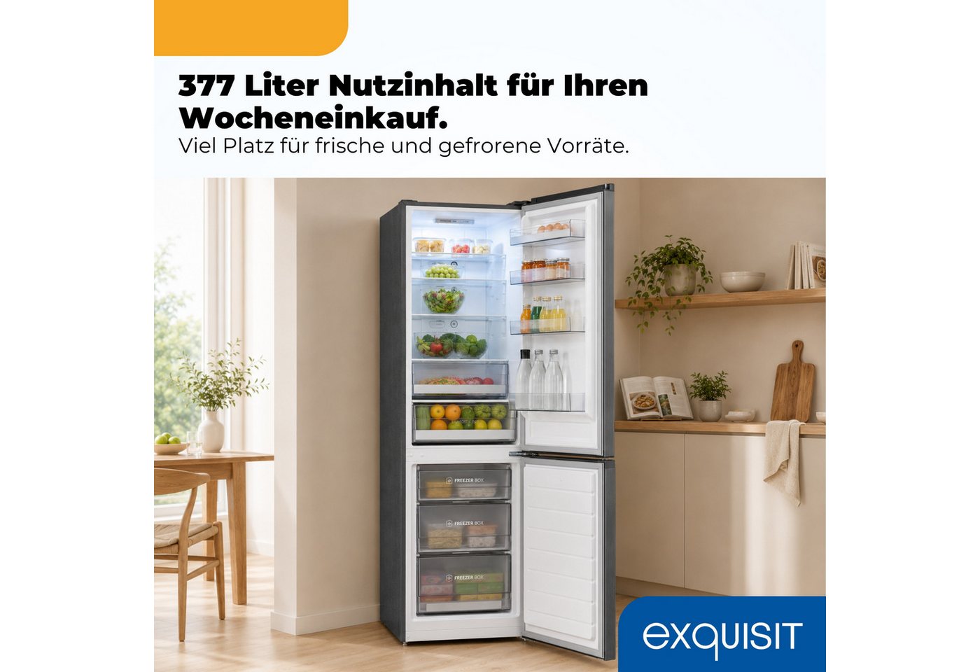 exquisit Kühl-/Gefrierkombination KGC380-115-NF-040A inoxlook-az, 200,5 cm hoch, 59,5 cm breit, Humidity Box für optimale Feuchtigkeitsregulierung & kein Abtauen mehr Bild 2