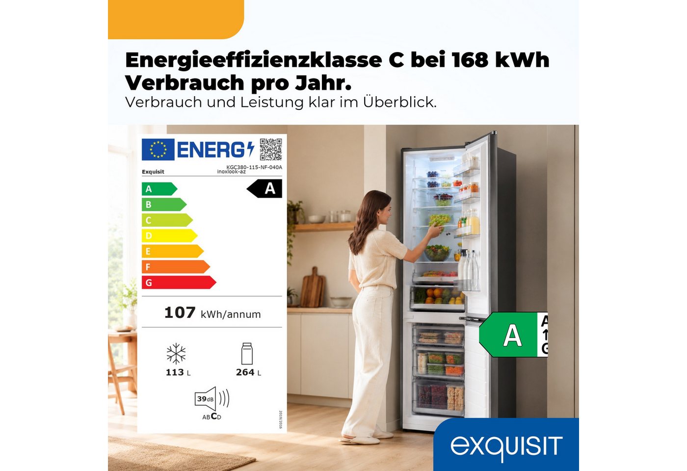 exquisit Kühl-/Gefrierkombination KGC380-115-NF-040A inoxlook-az, 200,5 cm hoch, 59,5 cm breit, Humidity Box für optimale Feuchtigkeitsregulierung & kein Abtauen mehr Bild 4