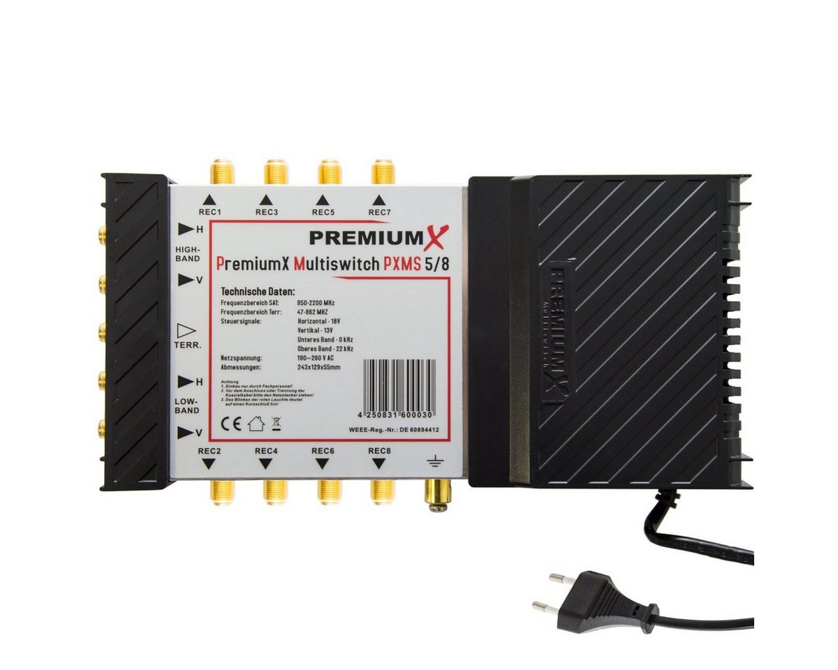 PremiumX SAT-Multischalter PXMS 5/8 Multischalter mit Netzteil Multiswitch 1 SAT für 8 Teilnehmer