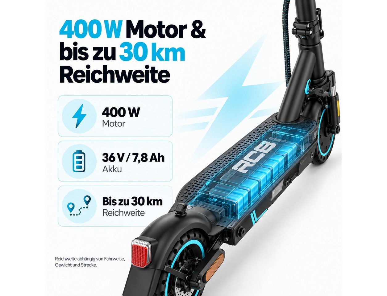 RCB E-Scooter 8.5 Zoll Elektroroller 400W Motor bis zu 30km mit Straßenzulassung, 20.00 km/h, APP-Funktion,Federungssystem, 15 kg Nettogewicht, faltbar
