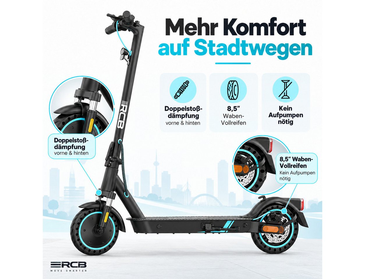 RCB E-Scooter 8.5 Zoll Elektroroller 400W Motor bis zu 30km mit Straßenzulassung, 20.00 km/h, APP-Funktion,Federungssystem, 15 kg Nettogewicht, faltbar Bild 4