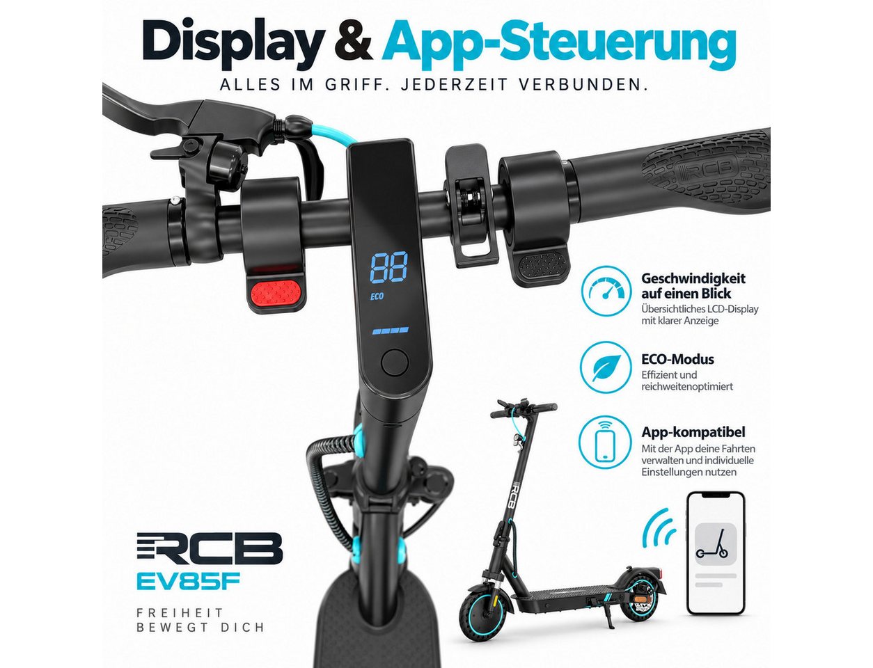 RCB E-Scooter 8.5 Zoll Elektroroller 400W Motor bis zu 30km mit Straßenzulassung, 20.00 km/h, APP-Funktion,Federungssystem, 15 kg Nettogewicht, faltbar Bild 5