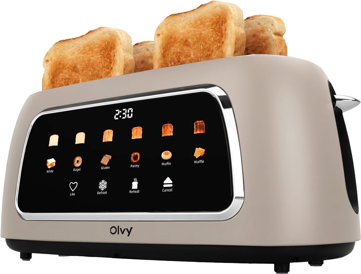 Olvy Toaster mit LCD-Touch-Display & Auftau-Funktion Krümelschublade, 2 lange Schlitze, für 4 Scheiben, 1500 W, 40 x 17,3 x 17,8 cm, 6 Bräunungsstufen mit Memory-Funktion, Beige