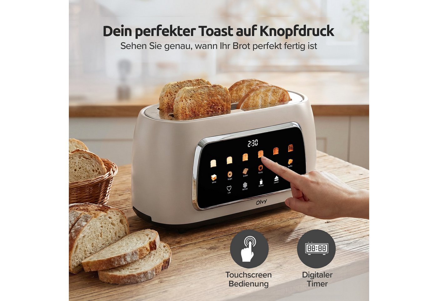 Olvy Toaster mit LCD-Touch-Display & Auftau-Funktion Krümelschublade, 2 lange Schlitze, für 4 Scheiben, 1500 W, 40 x 17,3 x 17,8 cm, 6 Bräunungsstufen mit Memory-Funktion, Beige Bild 2