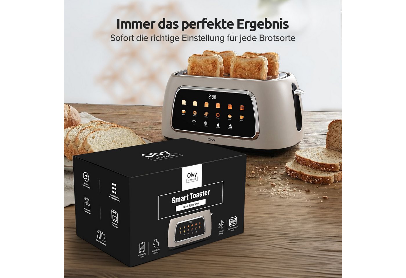 Olvy Toaster mit LCD-Touch-Display & Auftau-Funktion Krümelschublade, 2 lange Schlitze, für 4 Scheiben, 1500 W, 40 x 17,3 x 17,8 cm, 6 Bräunungsstufen mit Memory-Funktion, Beige Bild 3