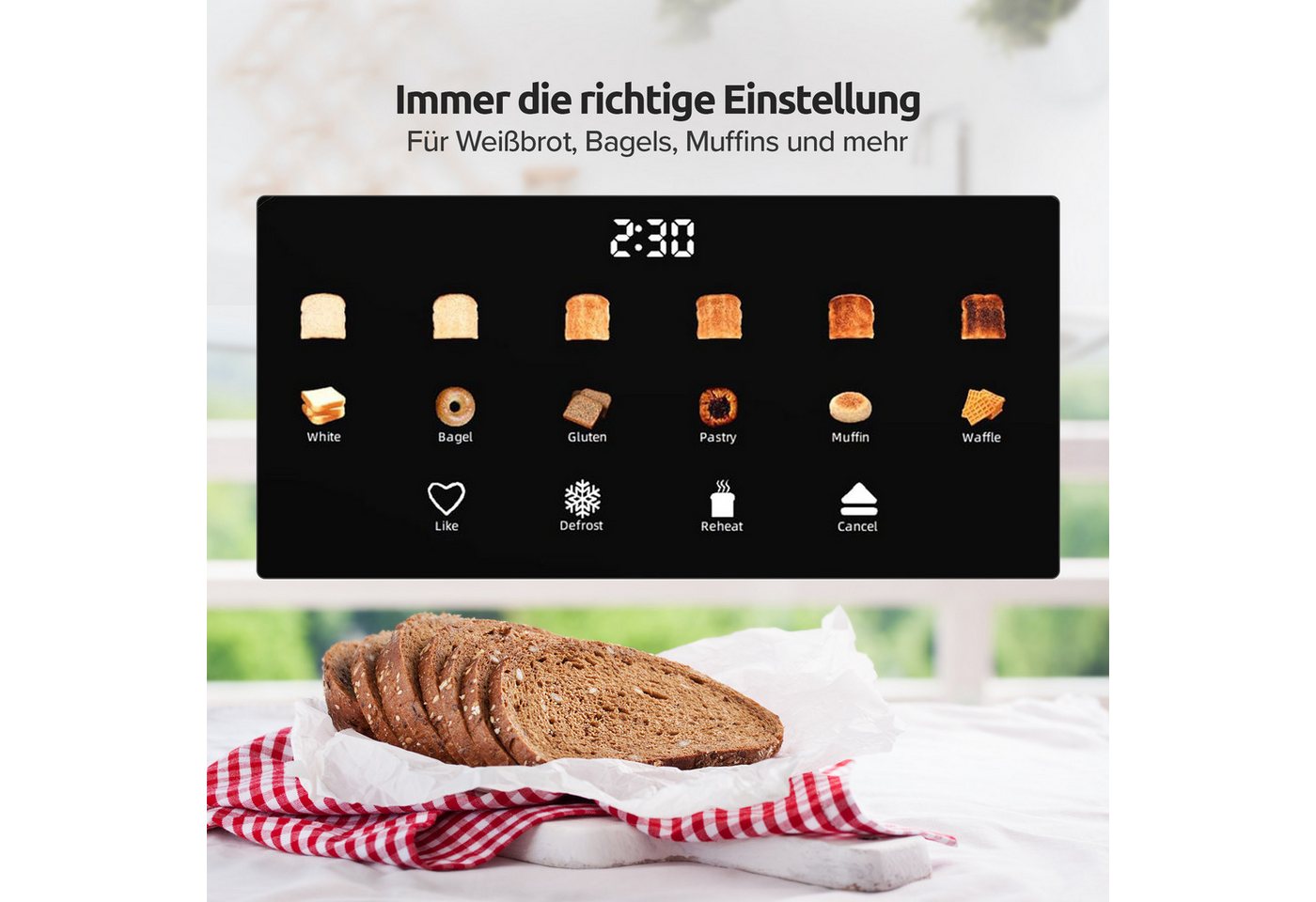 Olvy Toaster mit LCD-Touch-Display & Auftau-Funktion Krümelschublade, 2 lange Schlitze, für 4 Scheiben, 1500 W, 40 x 17,3 x 17,8 cm, 6 Bräunungsstufen mit Memory-Funktion, Beige Bild 4
