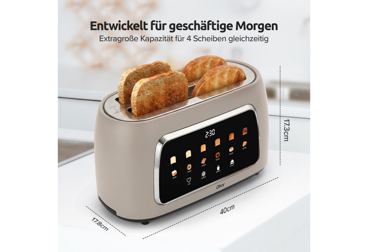 Olvy Toaster mit LCD-Touch-Display & Auftau-Funktion Krümelschublade, 2 lange Schlitze, für 4 Scheiben, 1500 W, 40 x 17,3 x 17,8 cm, 6 Bräunungsstufen mit Memory-Funktion, Beige Bild 5