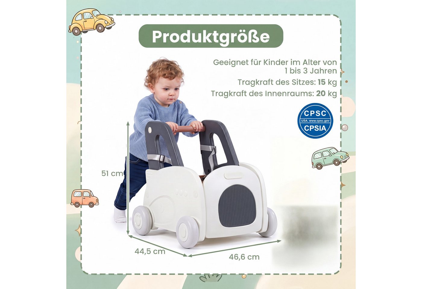 COSTWAY Lauflernwagen Lauflernhilfe mit Griff, Zugseil, Klappsitz, auf Rädern Bild 2