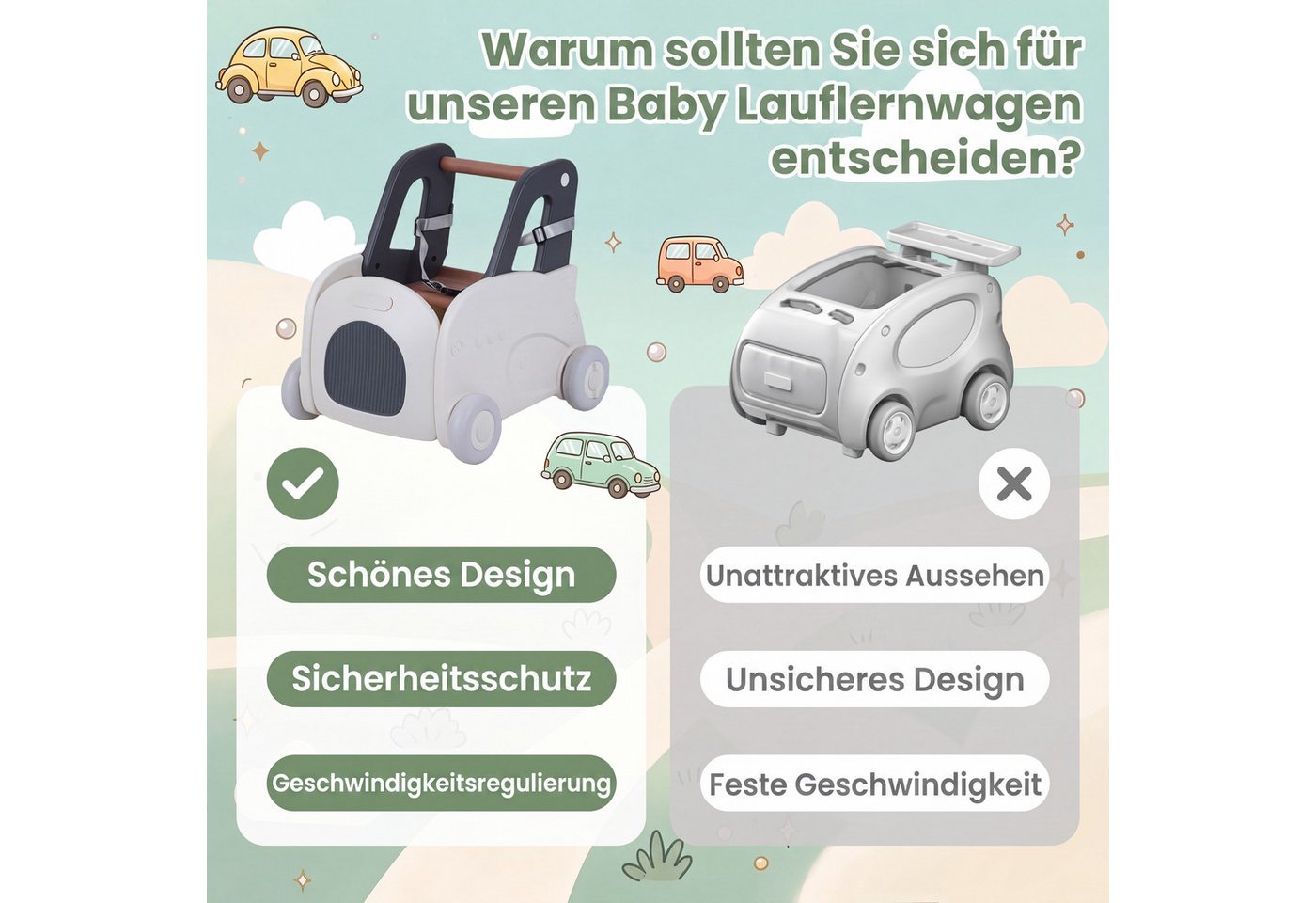 COSTWAY Lauflernwagen Lauflernhilfe mit Griff, Zugseil, Klappsitz, auf Rädern Bild 3