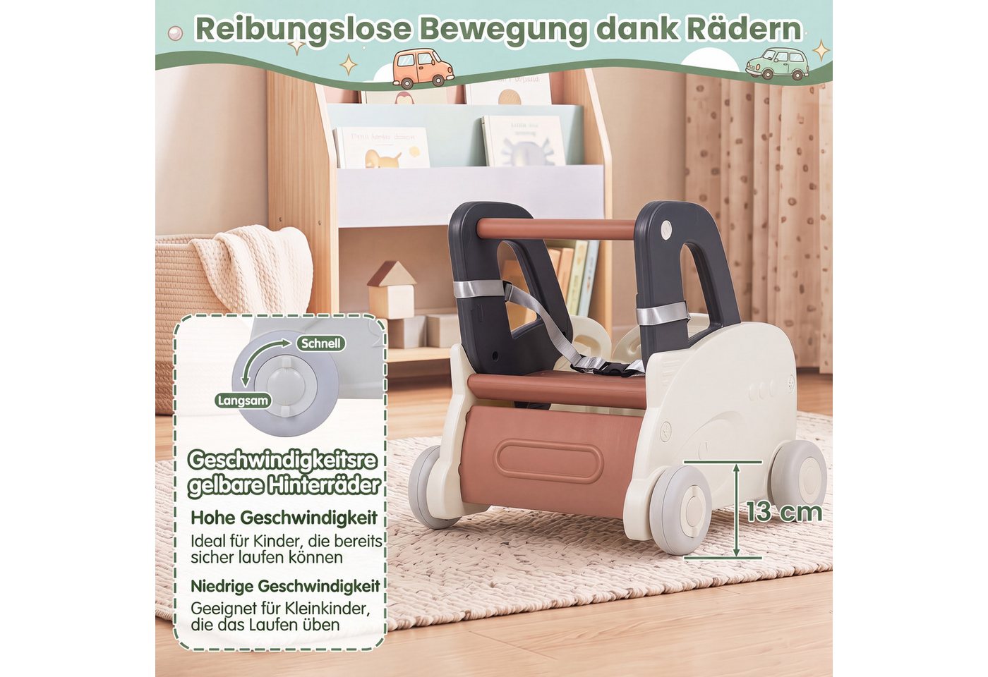 COSTWAY Lauflernwagen Lauflernhilfe mit Griff, Zugseil, Klappsitz, auf Rädern Bild 4