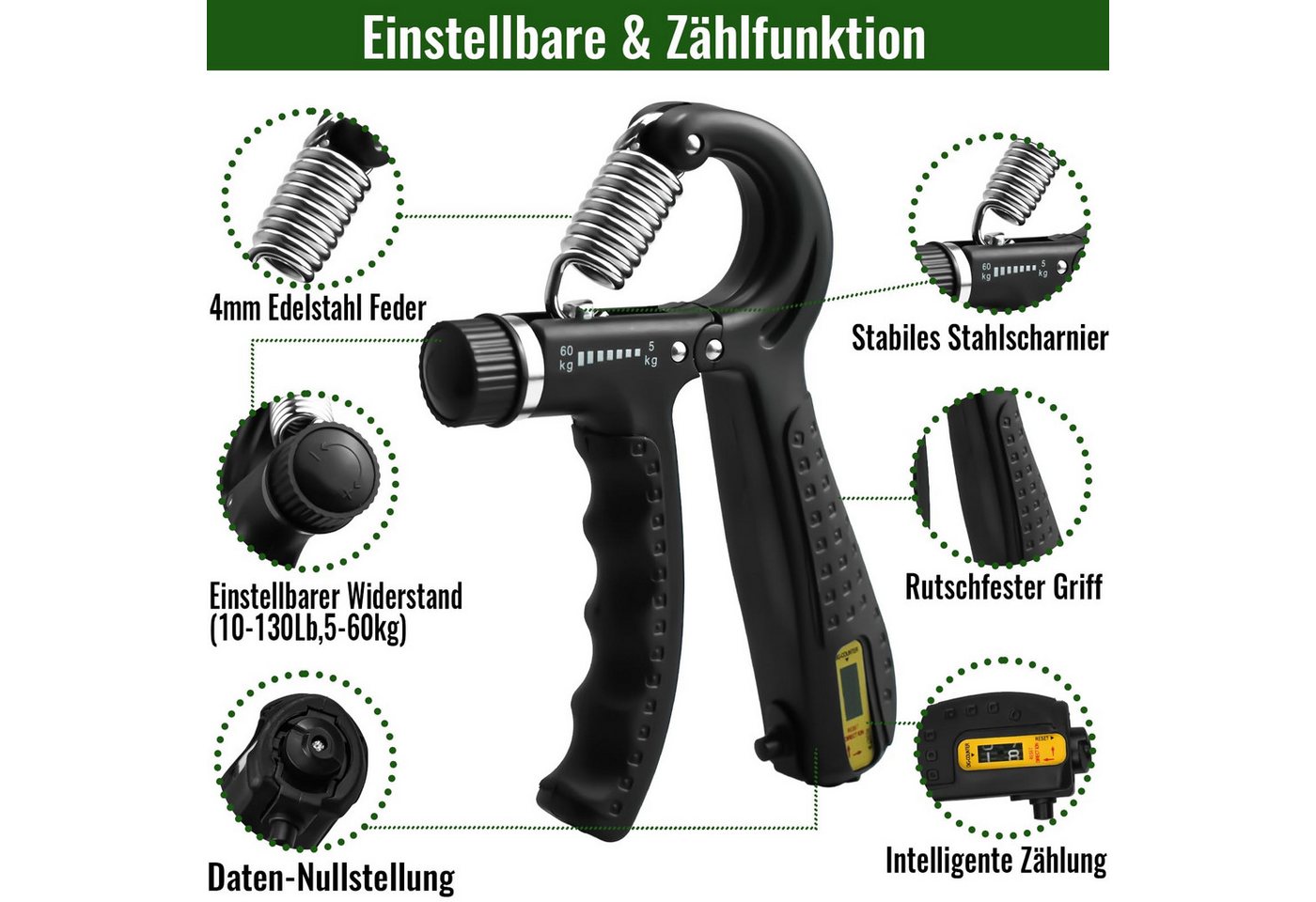 Kityhome Handmuskeltrainer Handtrainer-Set, 5-tlg., 5–60 kg, Zähler, Finger-Grip, Ideal für Klettern, Fitness, Instrumentenspiel & Büroarbeit Bild 5