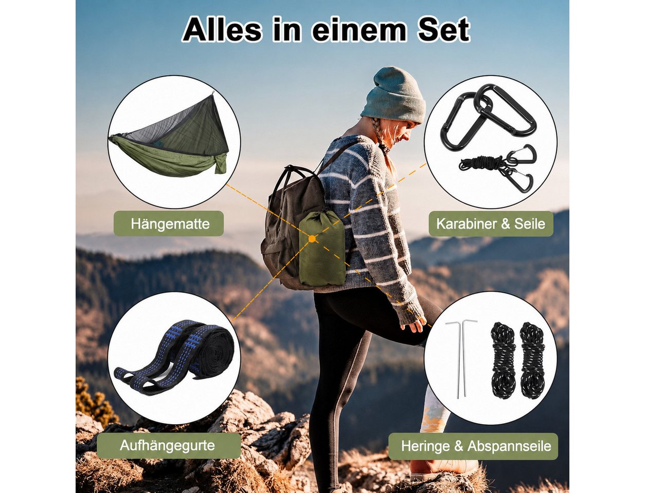 AIMAX Hängematte Camping Hängematte mit Moskitonetz aus 210T Nylon, Militärgrün, Ultraleicht, bis 300 kg belastbar, inkl. Gurte, Karabiner & Packsack Bild 2
