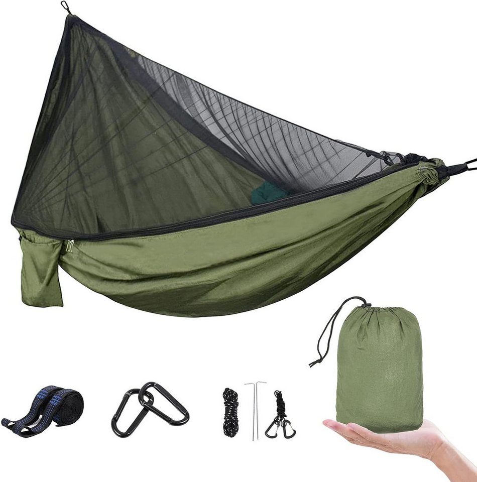 AIMAX Hängematte Camping Hängematte mit Moskitonetz aus 210T Nylon, Militärgrün, Ultraleicht, bis 300 kg belastbar, inkl. Gurte, Karabiner & Packsack Bild 4