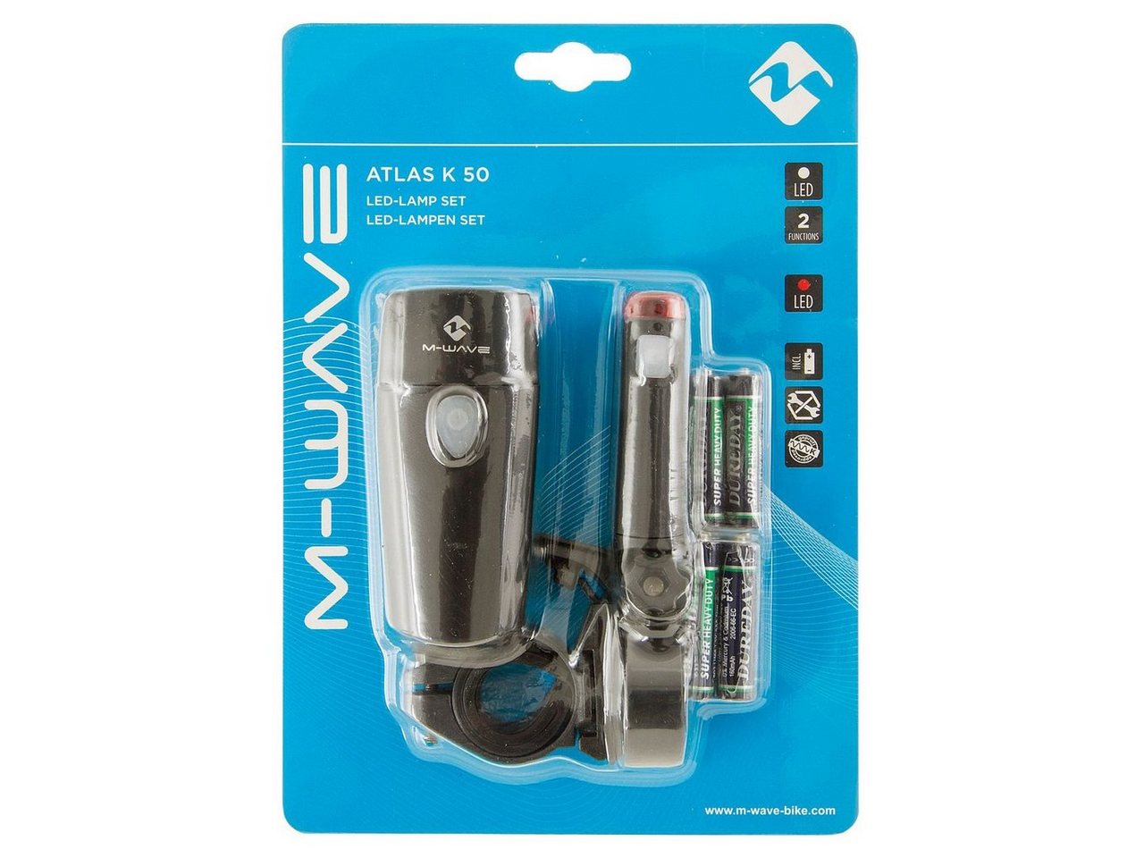 M-Wave Fahrradbeleuchtung Batterielampen Set 30 Lux Atlas K50 LED Frontlicht Rücklicht Bild 3