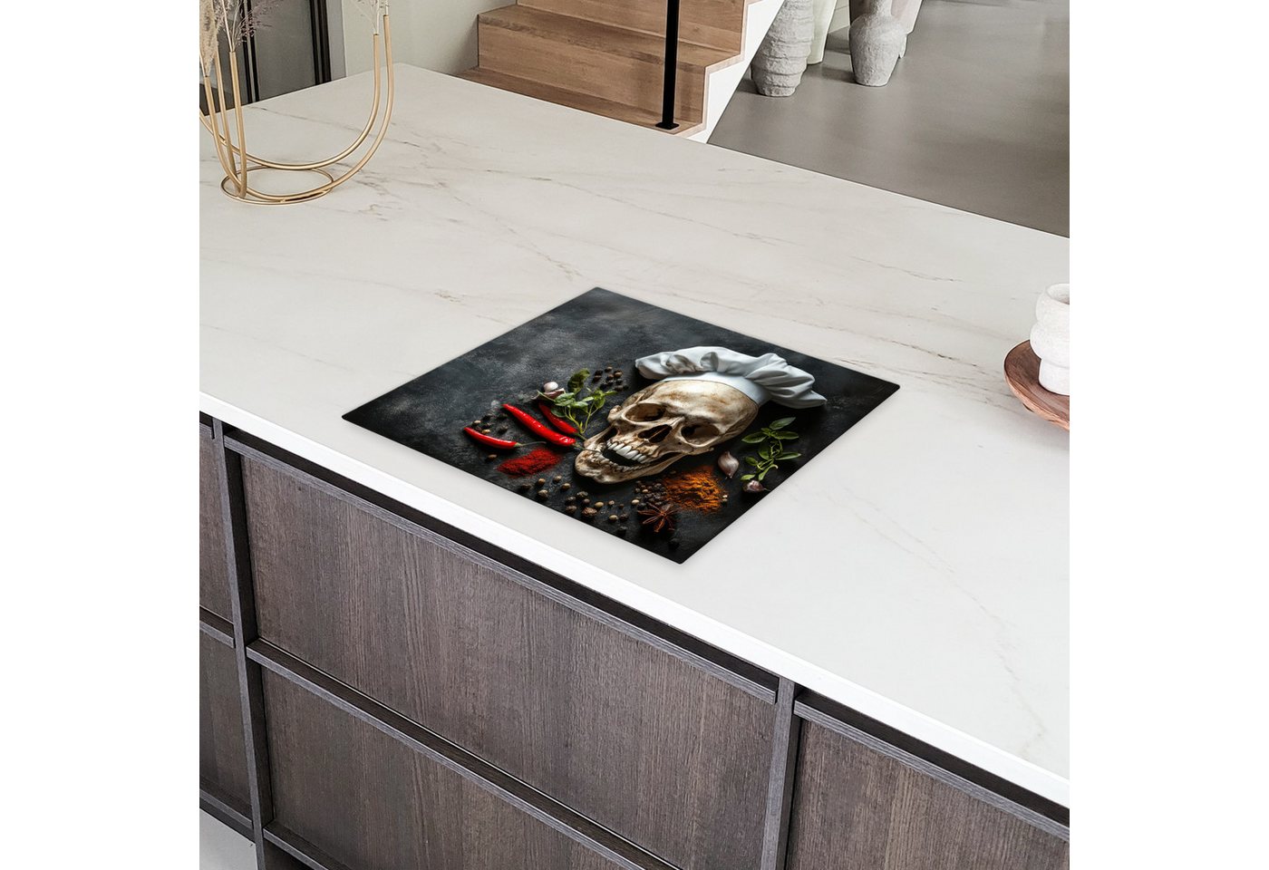 MuchoWow Herd-Abdeckplatte Skelett - Gewürz - Lebensmittel - Schädel - Koch, Vinyl, (1 tlg), Küche Herdabdeckplatte Ceranfeld Vinyl Einteilig, 59x52 cm