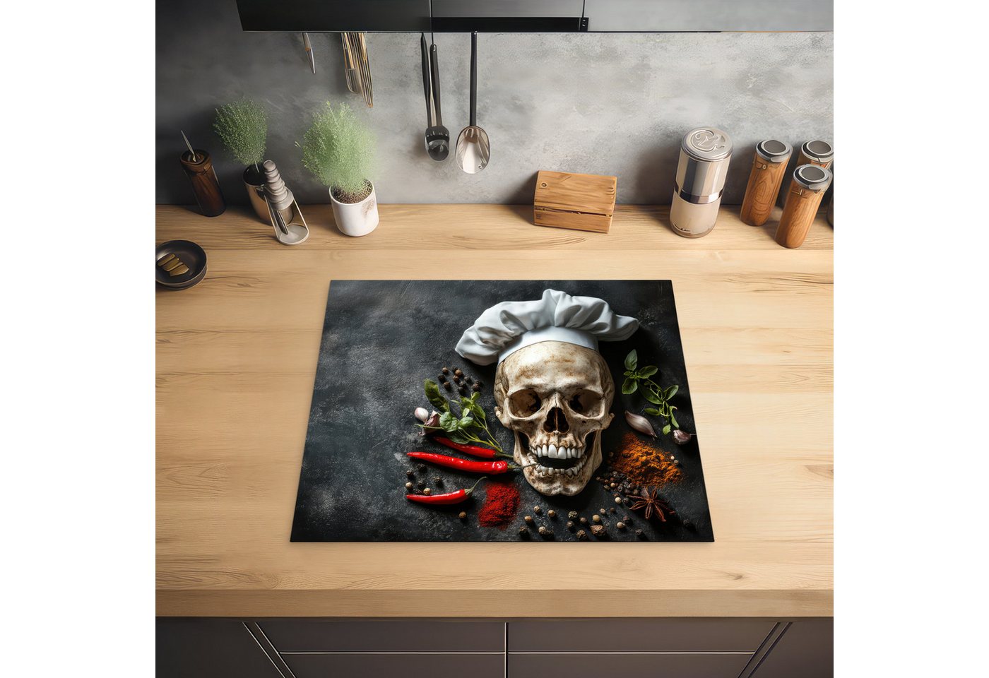 MuchoWow Herd-Abdeckplatte Skelett - Gewürz - Lebensmittel - Schädel - Koch, Vinyl, (1 tlg), Küche Herdabdeckplatte Ceranfeld Vinyl Einteilig, 59x52 cm Bild 4