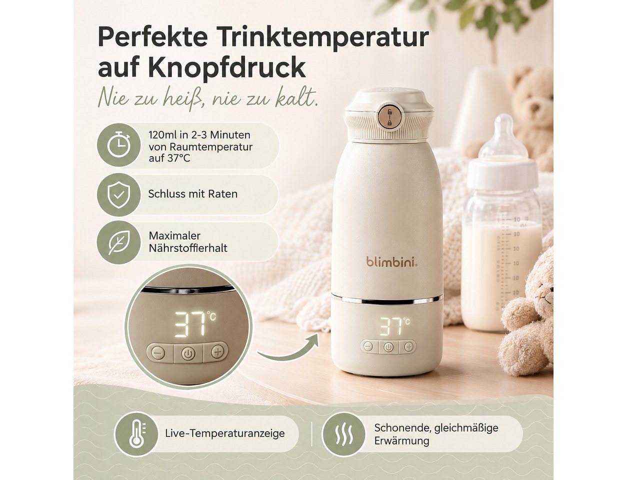 blimbini® Babyflaschenwärmer Pro Max tragbarer Flaschenwärmer Baby unterwegs mit Akku & USB-C, inkl. Schnelllade-Netzteil und USB-C Kabel Bild 3