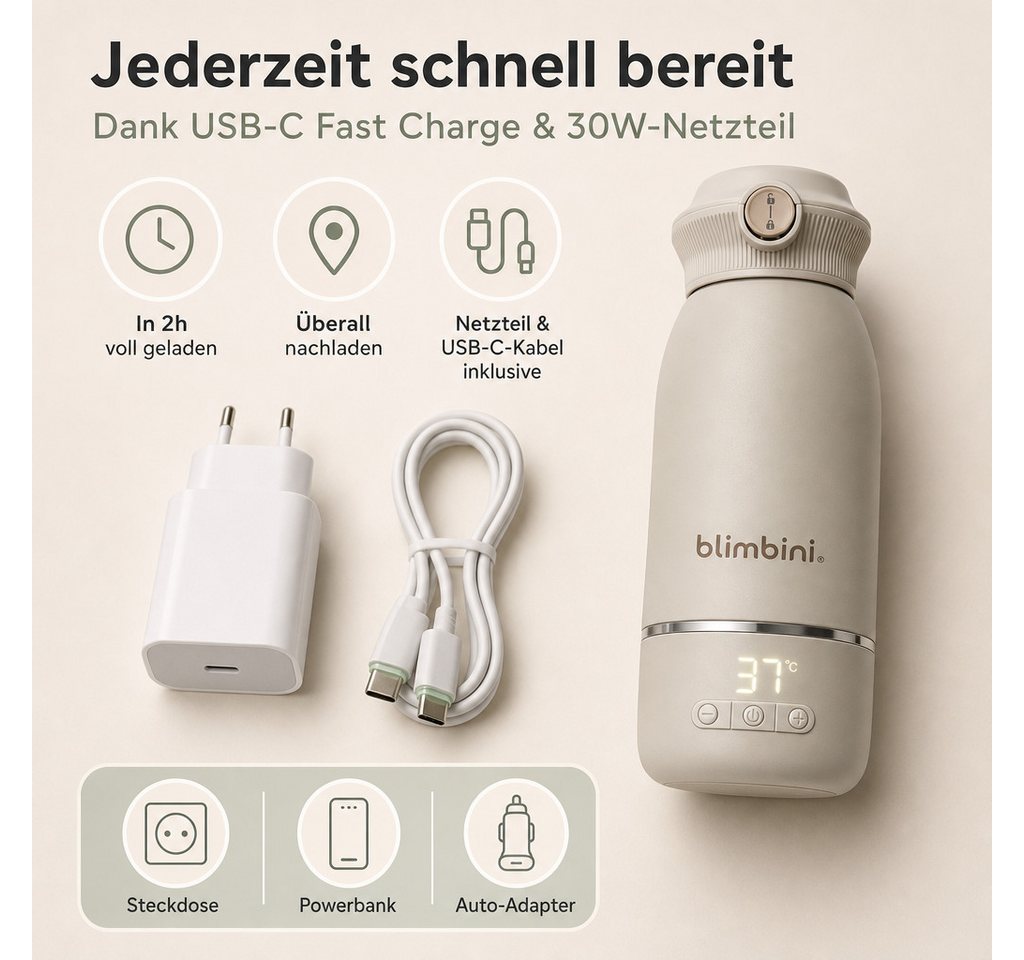 blimbini® Babyflaschenwärmer Pro Max tragbarer Flaschenwärmer Baby unterwegs mit Akku & USB-C, inkl. Schnelllade-Netzteil und USB-C Kabel Bild 5