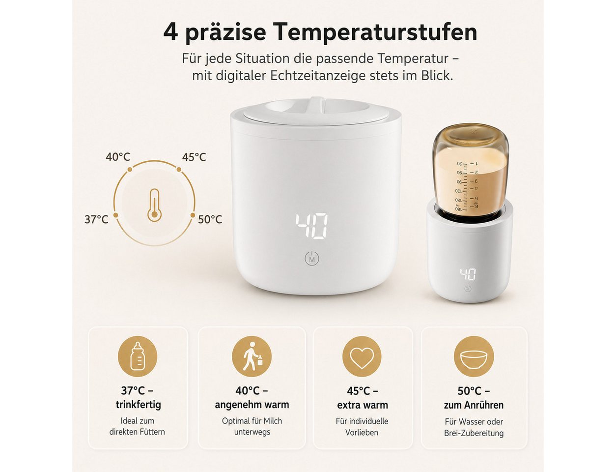 Tekoo Babyflaschenwärmer Tragbarer Flaschenwärmer Baby Akku 5000mAh, Kabellos, 4 Temp-Stufen, Kabellos, 4 Temperaturstufen, IPX6 Wasserdicht, 60W Schnellheizung