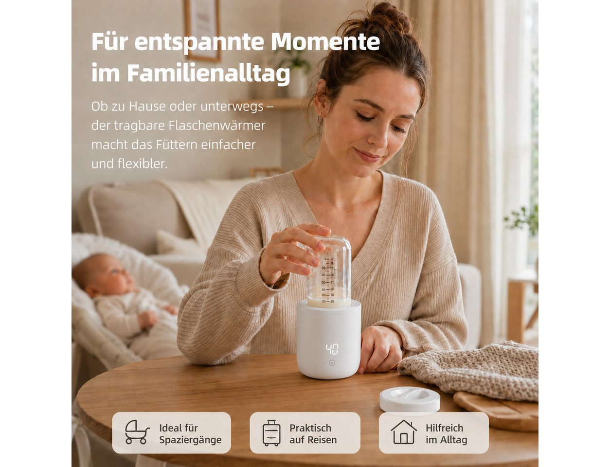 Tekoo Babyflaschenwärmer Tragbarer Flaschenwärmer Baby Akku 5000mAh, Kabellos, 4 Temp-Stufen, Kabellos, 4 Temperaturstufen, IPX6 Wasserdicht, 60W Schnellheizung Bild 5