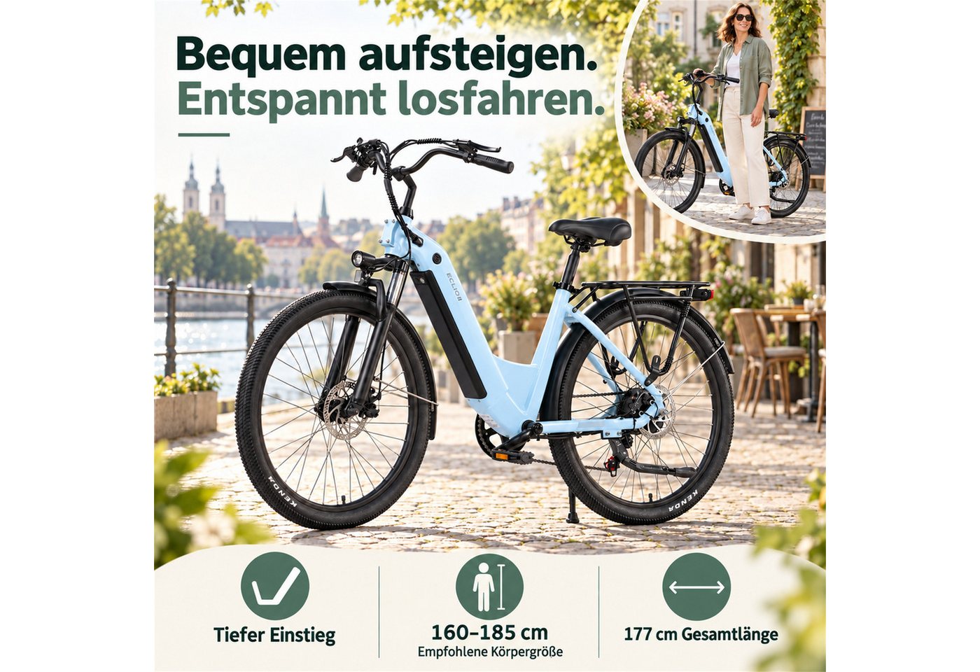 Vankel E-Bike e bike für herren 26 zoll 18.2AH 36V 655WH damen 120km Elektrofahrrad, Kettenschaltung, Heckmotor, 655 Wh, Komfortables Stadtrad mit Scheibenbremsen & 26" Bereifung für Pendler Bild 2