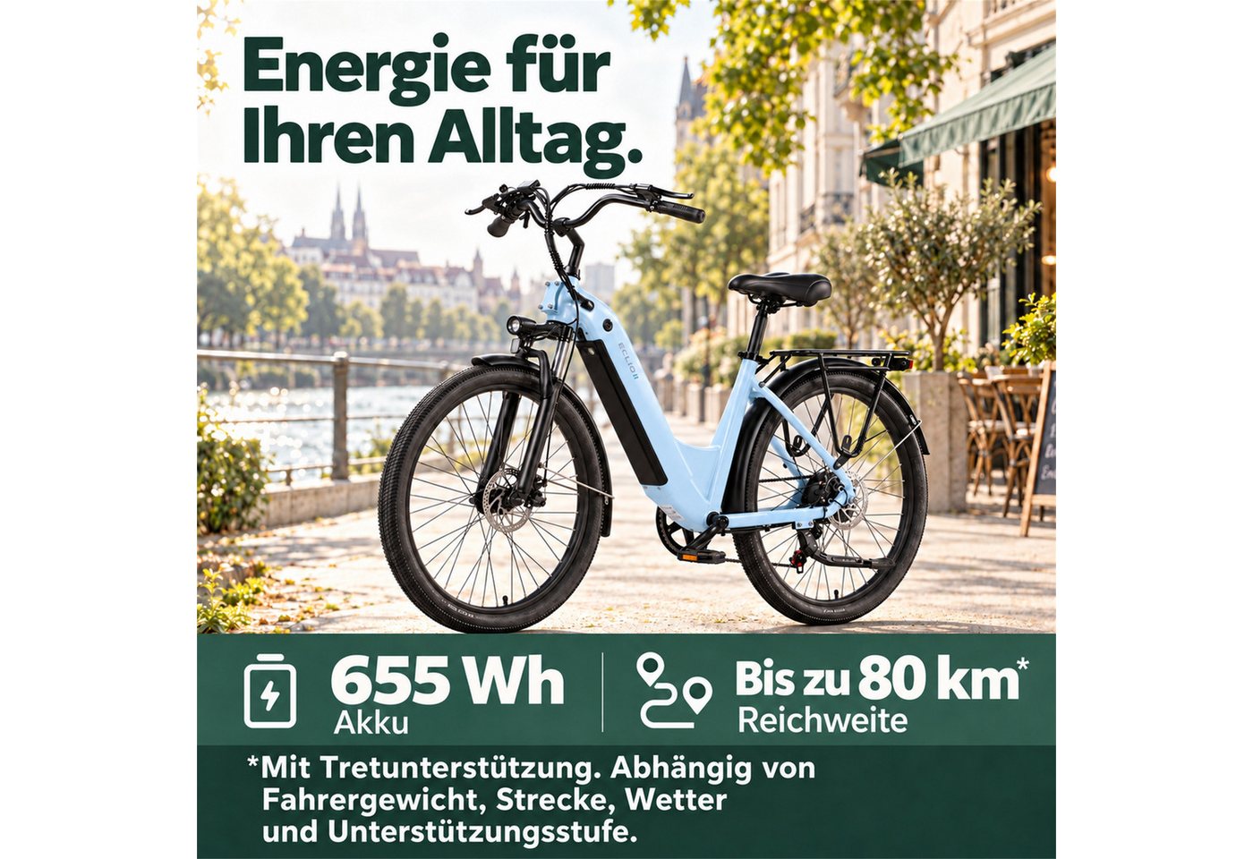 Vankel E-Bike e bike für herren 26 zoll 18.2AH 36V 655WH damen 120km Elektrofahrrad, Kettenschaltung, Heckmotor, 655 Wh, Komfortables Stadtrad mit Scheibenbremsen & 26" Bereifung für Pendler Bild 4